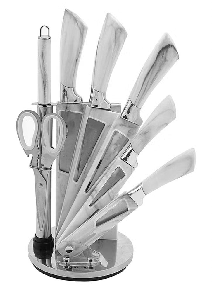 8PCS Kitchen Knife Set with 360° Rotating Base – Stainless Steel Blades with Accessories