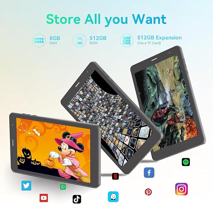 CM828 8 inch Tablet, Android 13.0 Tablet with SIM Card Slot & Wifi 8GB RAM,512GB ROM Storage Dual 5MP+8MP Camera HD IPS