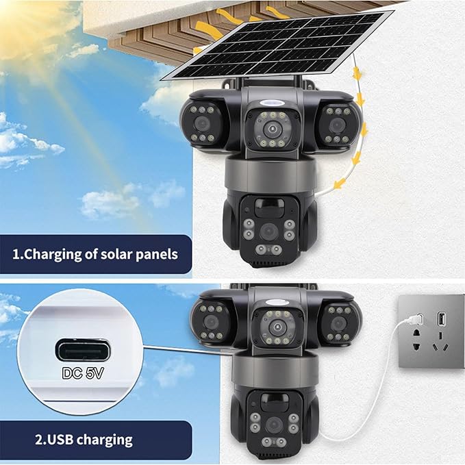 Triple Lens Security Camera, 4G Solar Power Outdoor Surveillance System, 3-Way 2MP HD View, Motion Detection, 2-Way Talk
