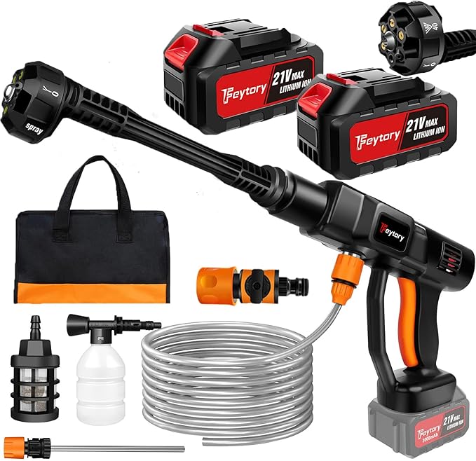 Cordless Pressure Washer – 45 Bar / 652 PSI Portable Power Cleaner 6-in-1 Nozzle & 5 m Hose for Car, Floor & Garden Clea