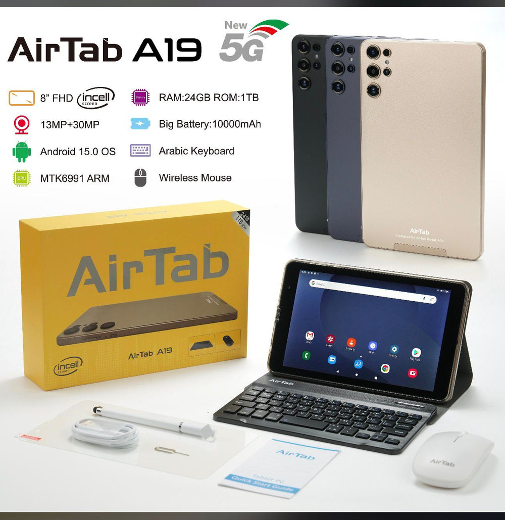 AirTab A19 – 8” FHD 5G Android Tablet | 24GB RAM • 1TB ROM • 10000mAh • MTK6991 • Arabic Keyboard • Wireless Mouse • Ful