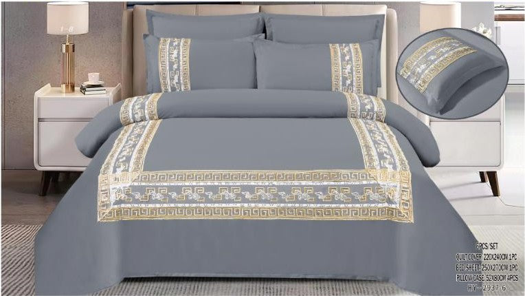Italian Fashion 6-Piece King Bedding Set – Dark Grey & Gold Luxe (100% Cotton)