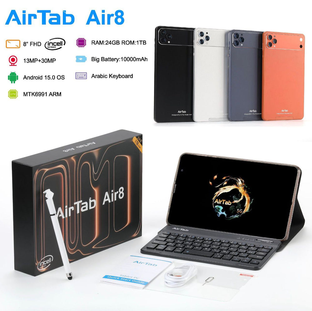 AirTab Air8 – 8” FHD 5G Android Tablet | 24GB RAM • 1TB ROM • 10000mAh • MTK6991 • Arabic Keyboard • Full Kit |