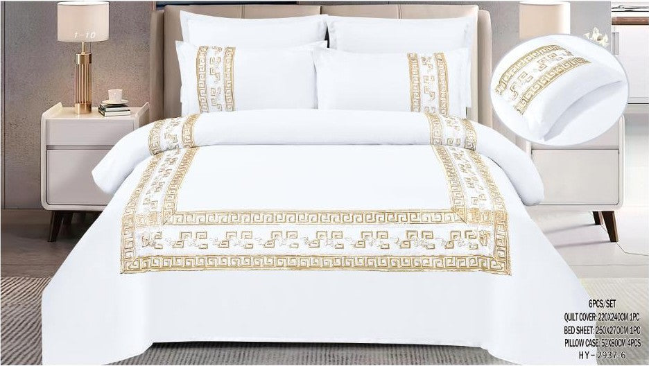 Italian Fashion 6-Piece King Bedding Set – White & Gold Elegance (100% Cotton)
