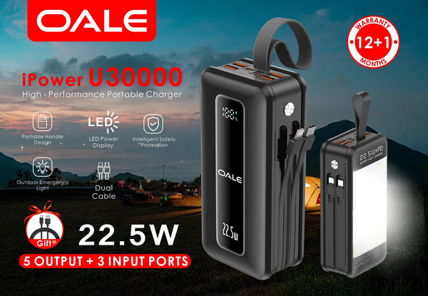 OALE iPower U30000 Power Bank β 30000mAh, 22.5W Fast Charging, 5 Outputs + 3 Inputs, LED Display & Emergency Light
