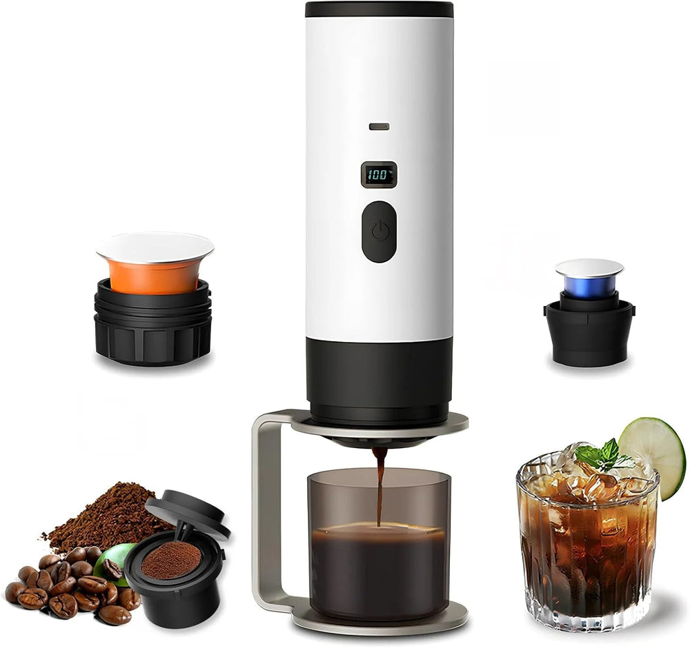 3-in-1 Portable Coffee Maker – Self-Heating Travel Espresso Machine Compatible with NS & DG Pods + Ground Coffee