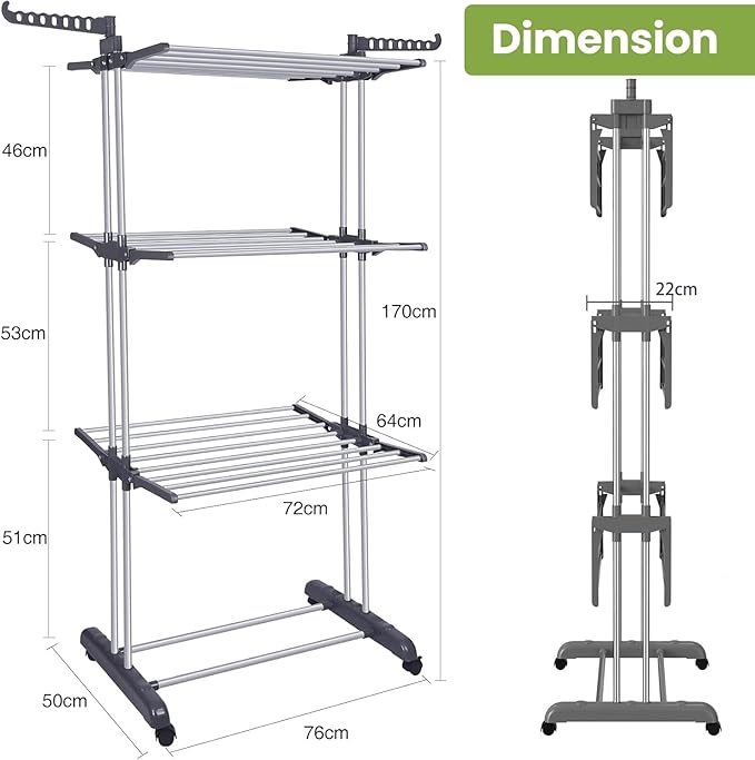 Toworld 4-Tier Folding Clothes Drying Rack – Stainless Steel Laundry Dryer Stand with 2 Adjustable Wings | Space-Saving 