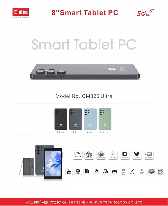 Ultra 8-Inch Android Smart Tablet with Stylus & Cover | IPS HD Touchscreen, Dual Camera, 5G LTE SIM, Wi-Fi, GPS | Kids L