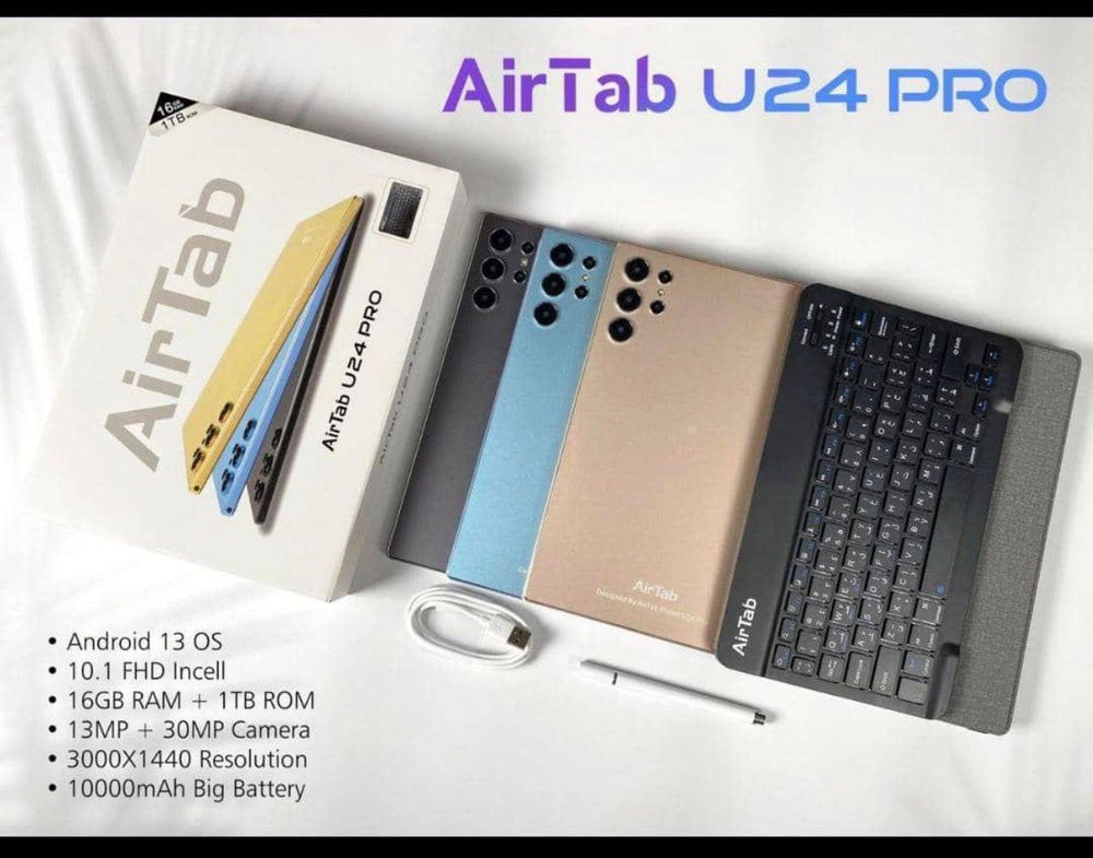 AirTab U24 Pro – 10.1” FHD Android Tablet | 16GB RAM • 1TB ROM • 3000×1440 Resolution • 10000mAh • Keyboard & Stylus Inc