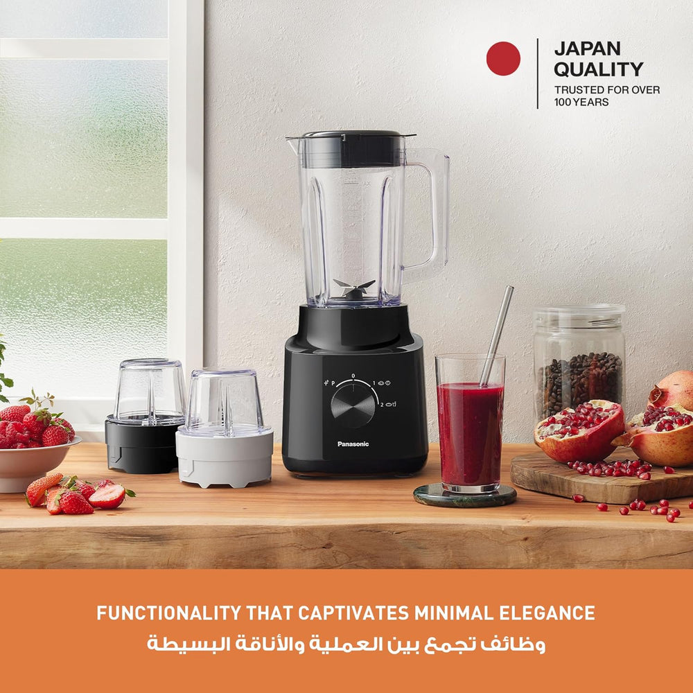 Panasonic 450w motor blender, curved stainless steel blade for smooth blending + 2 dry mill for grinding