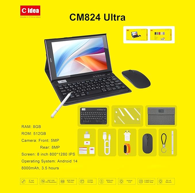 CM824 Ultra 8-inch Tablet, 5g Tablet Single SIM WiFi, Kids Tab Zoom Tiktok Supported Dual Camera, Android 14 Slim Tablet
