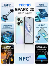 Spark 20 Dual SIM 4G – 8GB RAM + 256GB ROM, 6.56″ HD+ Display, 50MP Rear / 32MP Front Camera, 5000 mAh Battery, Cyber White (Middle East Version)