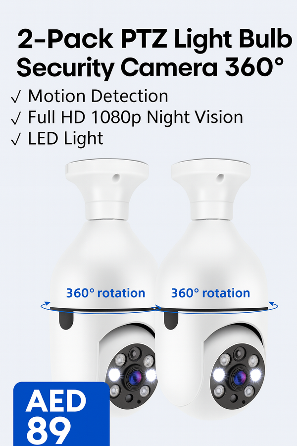 2-Pack PTZ Light Bulb Security Camera 360° WiFi – Motion Detection, HD Night Vision, LED Light, B22 Socket