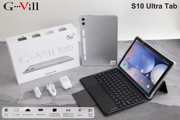 G Vill - S10 Ultra Tablet – 10.1” Display, 32GB RAM, 512GB Storage with Keyboard & Stylus