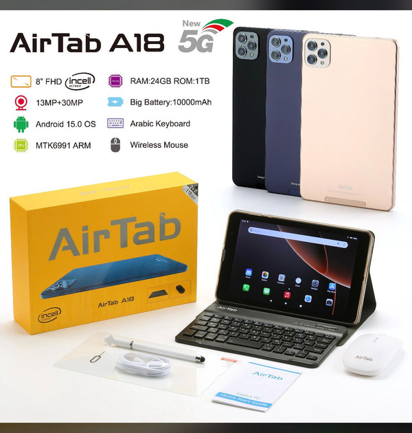 AirTab A18 – 8” FHD 5G Android Tablet | 24GB RAM • 1TB ROM • 10000mAh • MTK6991 • Arabic Keyboard • Wireless Mouse • Ful