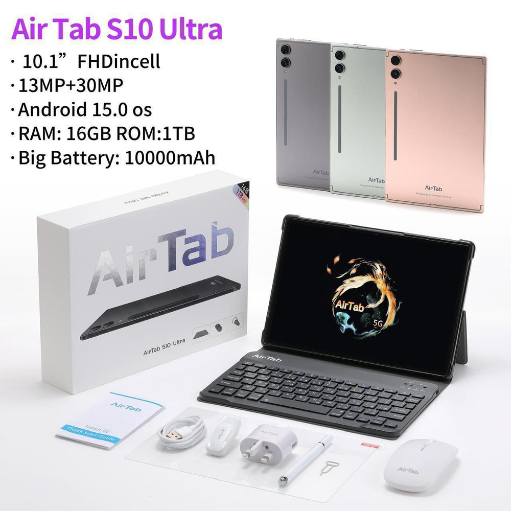 AirTab S10 Ultra – 10.1” FHD Android Tablet (16GB RAM • 1TB ROM • 10000mAh • Keyboard Included)