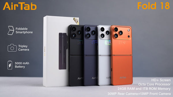 هاتف AirTab Fold 18 الذكي القابل للطي – هاتف أندرويد بشاشة قابلة للطي مع كاميرا ثلاثية، 24 جيجابايت رام + 1 تيرابايت تخزين، معالج ثماني النواة وبطارية 5000 مللي أمبير | شاشة خارجية، 4 ألوان