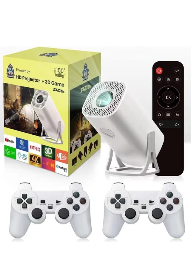 Smart Projector 1080P (4K Support) – Retro Game Console & Home Theater in One | Includes 2 Wireless Controllers, 36,000+ Games