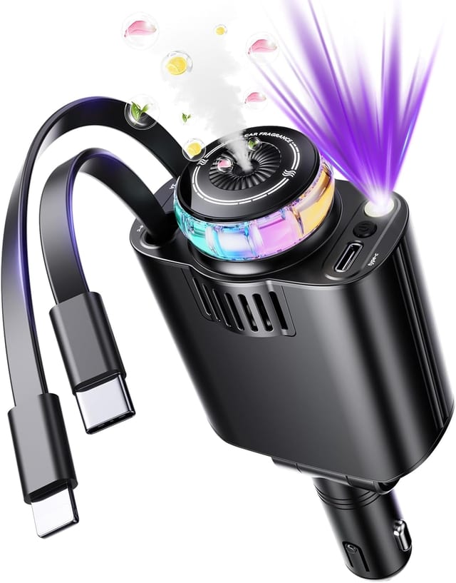 Retractable Car Charger 5 in 1 — شاحن سيارة بكابلين قابلين للسحب ومنافذ إضافية وإضاءة ومعطر