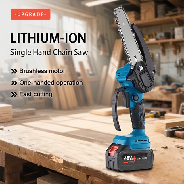 6-Inch Cordless Mini Chainsaw, 48V Handheld Electric Chain Saw with 2 Batteries and Charger